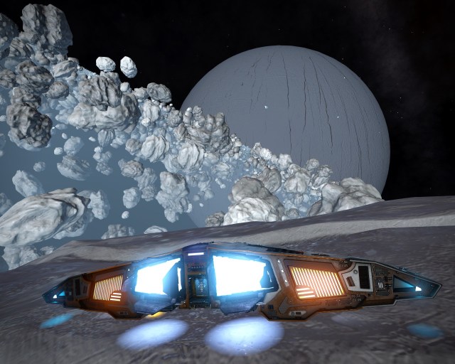 Landed on an asteroid in an ice ring.