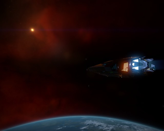 Alien sun in a red sky above an Earth-like world.