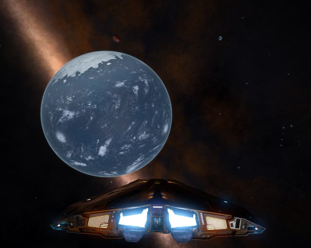 The companion water world, with the Earth-like world visible in the distance.