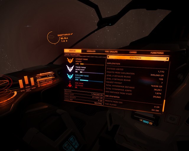 My statistics on arrival. I had about 100 systems visited before this trip.